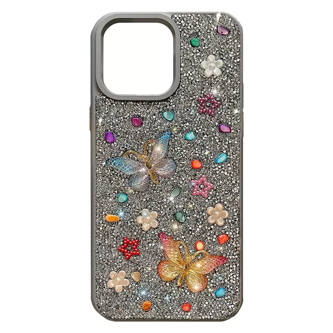 Samsung Galaxy S24 FE Butterfly and Diamond Bling Case Light Gray